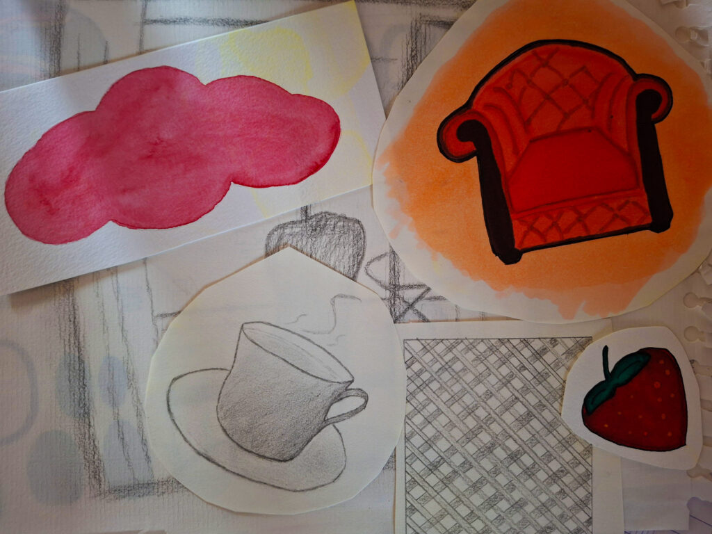 croquis, essais feutre et peinture projet fictif