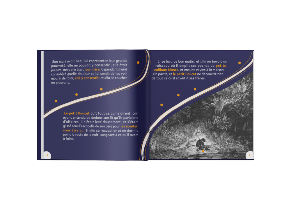 Mise en page Conte pour enfant Mockup Mise en page du conte Le Petit Poucet de Charles Perrault et illustré avec les gravures de Gustave Doré, page 5-6. Projet fictif de Signé Axelle