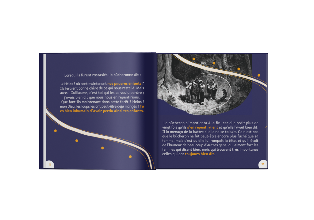 Mise en page Conte pour enfant Mockup Mise en page du conte Le Petit Poucet de Charles Perrault et illustré avec les gravures de Gustave Doré, page 11-12. Projet fictif de Signé Axelle